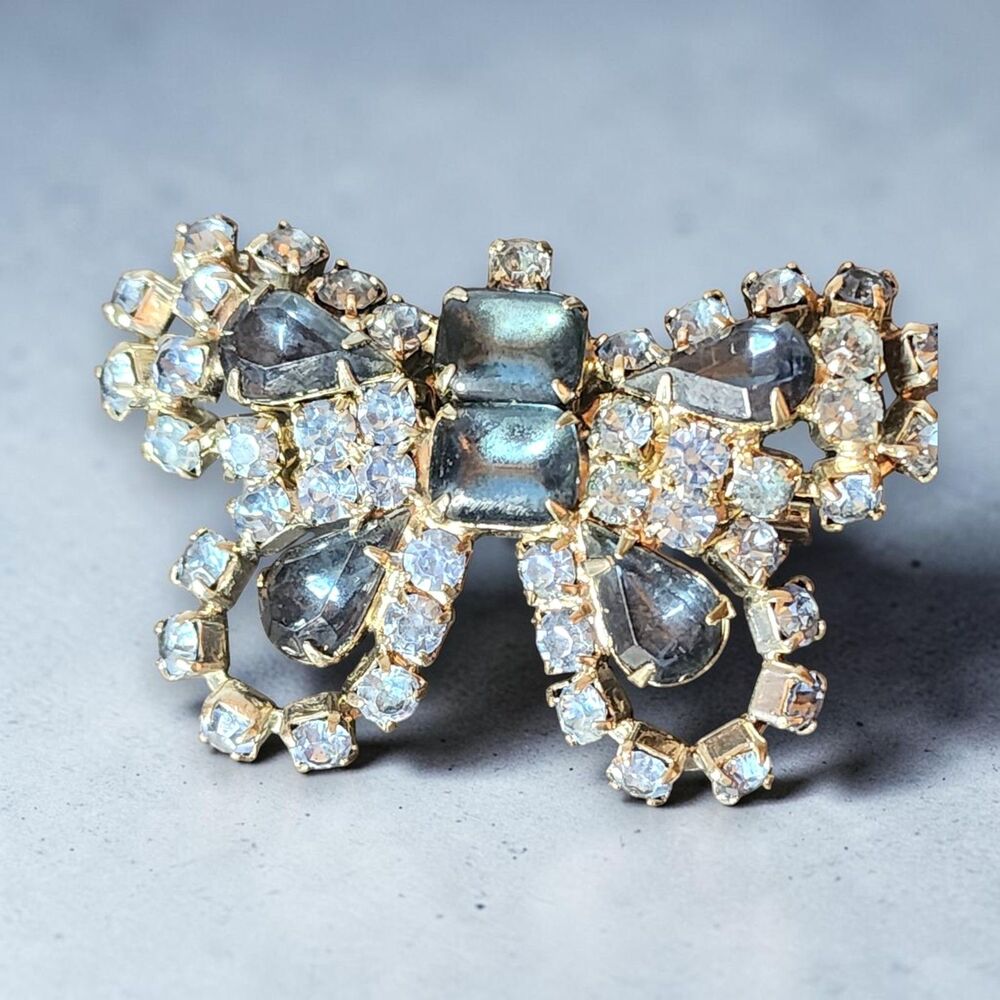 Vintage Estate Light Blue & Smoky Gray Rhinestone Butterfly Brooch